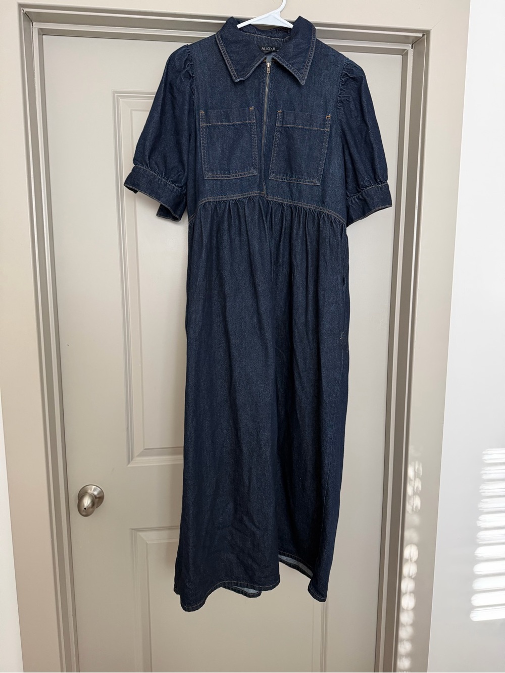 ALIGNE Gabriella Short Sleeved Denim Midi Dress with Zip Front
